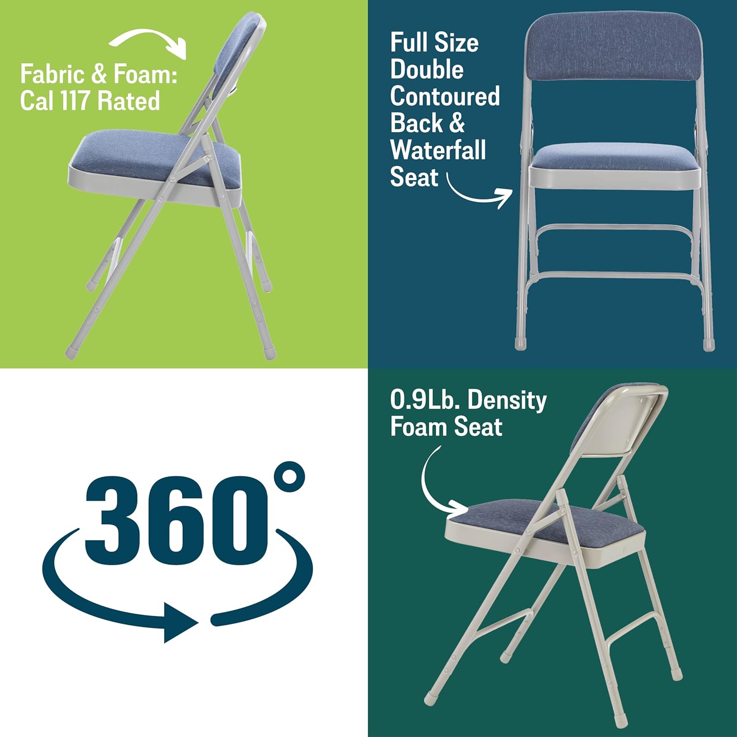Premium Padded Portable Folding Chairs by National Public Seating – 2200 Series Upholstered, Heavy-Duty Foldable Chairs for Indoor & Outdoor Use – Set of 4, Comfortable & Durable, Blue-Grey