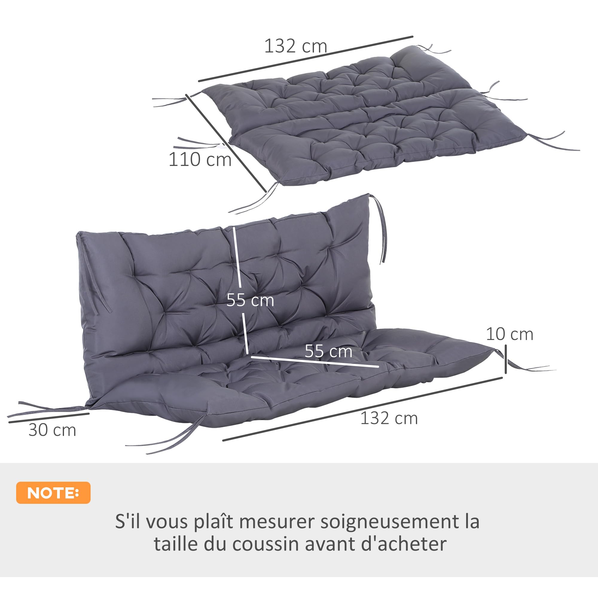 Outsunny Coussin Matelas Assise Dossier Grand Confort 132x110x10 cm Gris