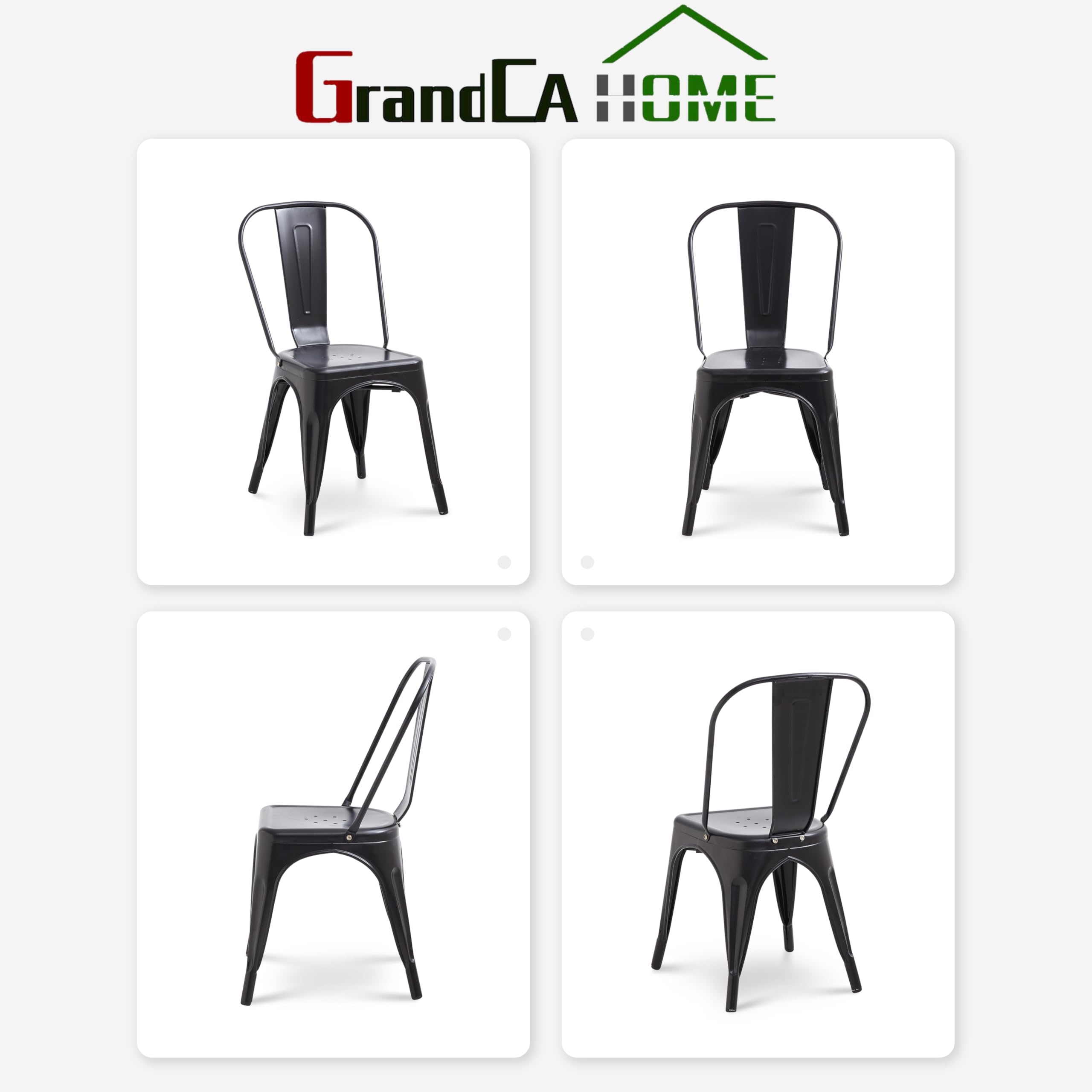GrandCA HOME Lot de 4 Chaises de Salle à Manger Empilables en Métal, Chaises de Bar, pour Restaurant, Jardin, Bistro, Balcon, Noir