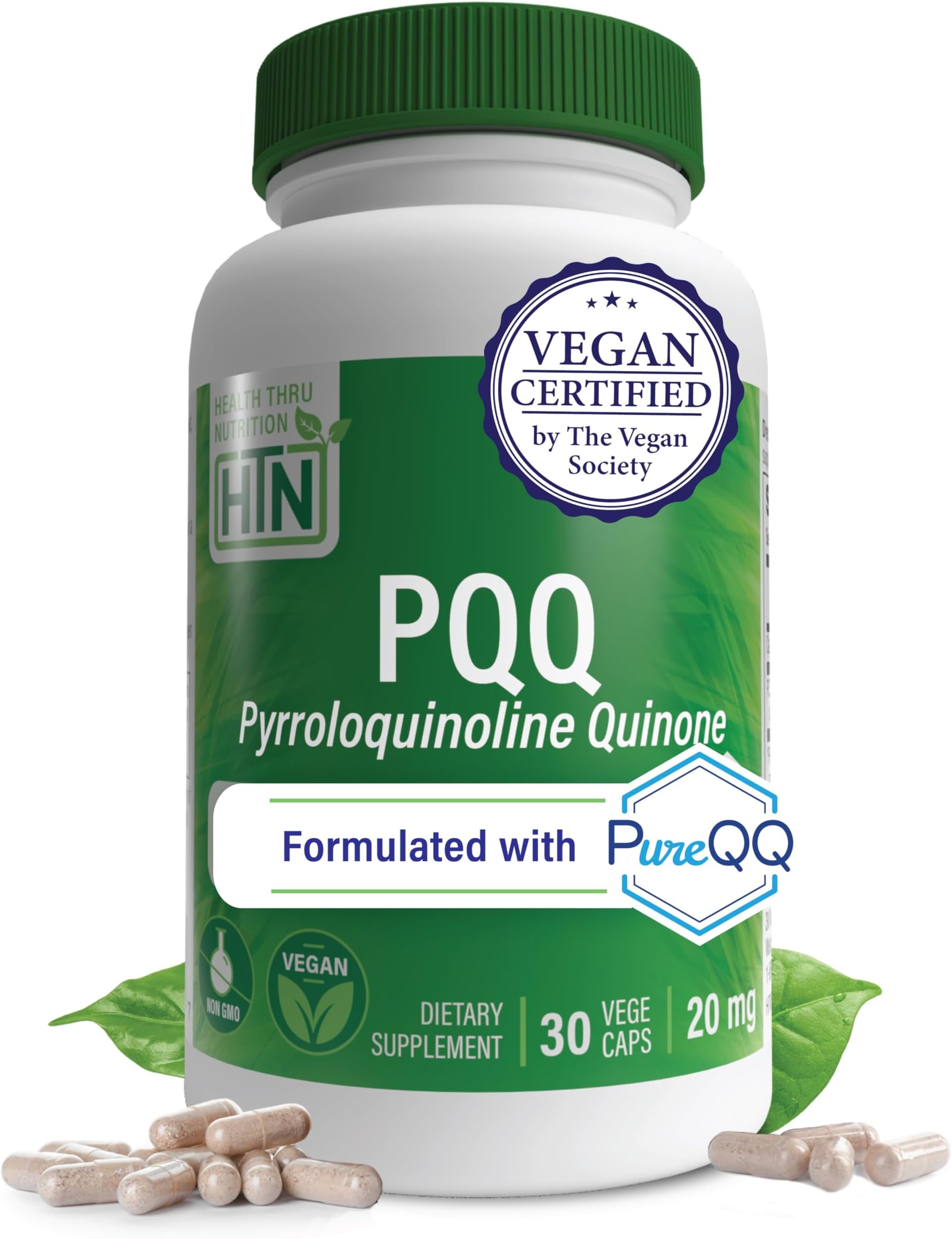 Health Thru Nutrition PQQ 20mg 30 Servings Pyrroloquinoline Quinone as PureQQ | Promotes Mitochondrial Biogenesis | Certified Vegan | Non-GMO Gluten Soy Free Capsules| Clean Label PQQ Supplement