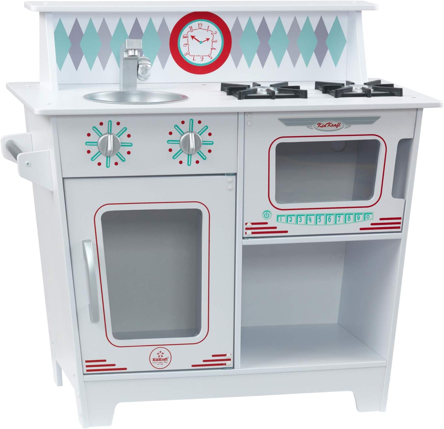 KidKraft Classic Kitchenette Wooden Retro Toddler Play Kitchen with Cooktop, Sink, Oven and Microwave - White, Gift for Ages 3+