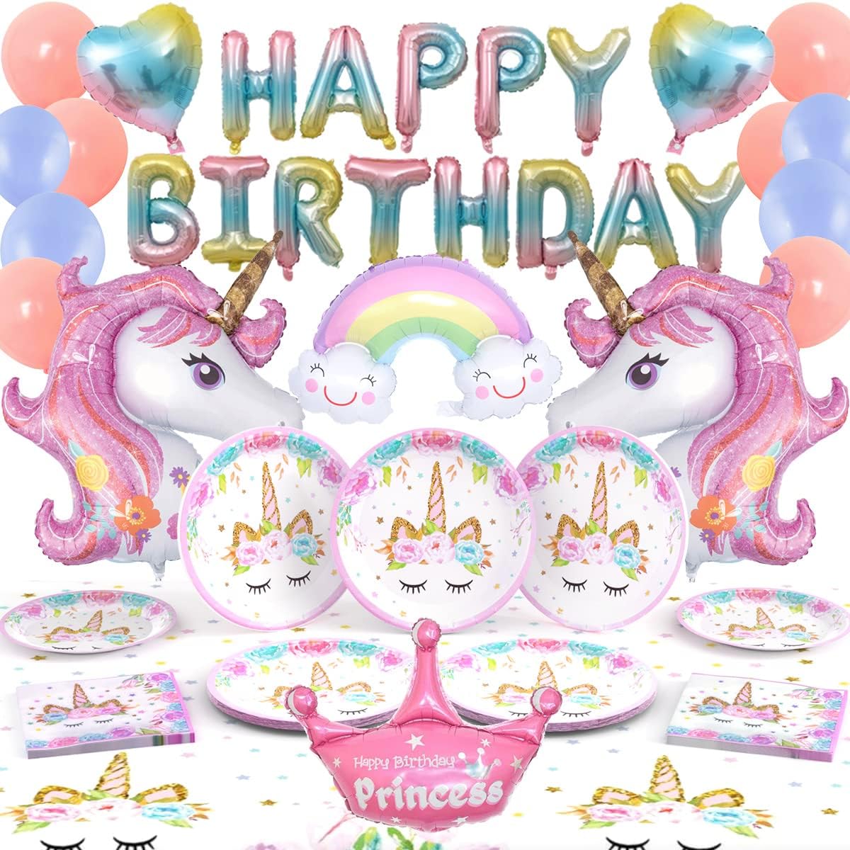 Unicorn Party Supplies, Unicorn Birthday Decorations for Girls, Party Supplies for 16 Guests, Unicorn Party Decorations Including Rainbow Unicorn Balloons Plates, Tablecloth and Napkins etc.