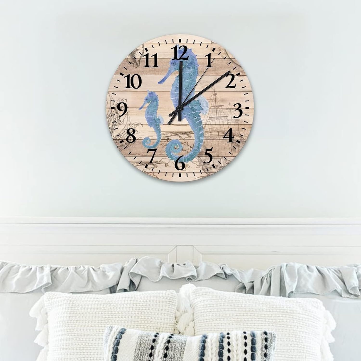 15 Inch Ocean Animal Sea Horse Wooden Clocks Silent Non-Ticking Coastal Decoration for Bedroom Kitchen Clocks Wall Arabic Numeral Round Clock for Home Office School