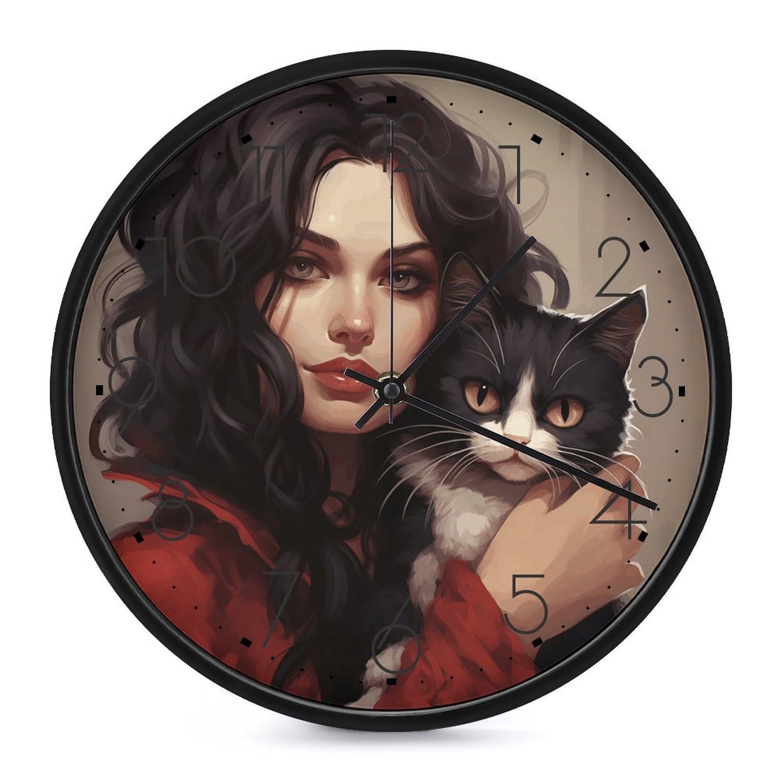 Horloge murale analogique chat et femme ronde et silencieuse pour salon