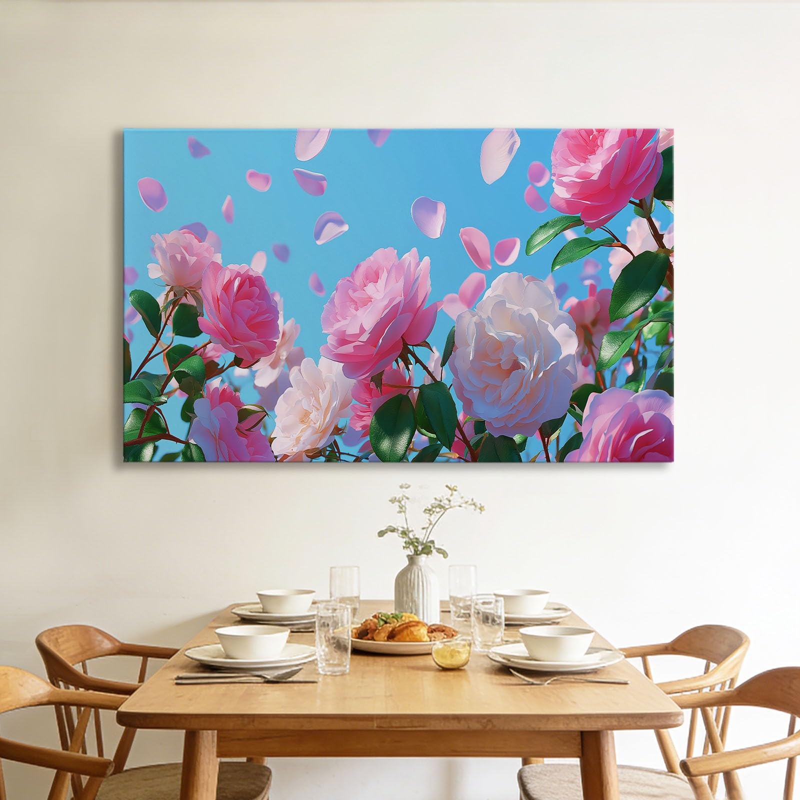 Sztuka ścienna na płótnie, różowe i białe płatki róży, 100 x 75 cm, sztuka ścienna z haczykami, oprawione wydruki na płótnie do salonu, sypialni, przedpokoju, biura, gotowa do powieszenia