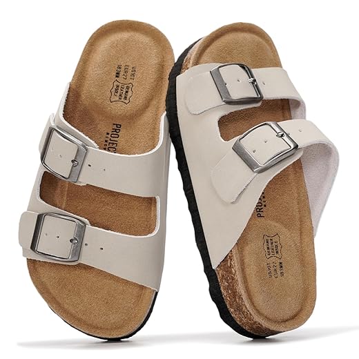 Project Cloud 100% Genuine Leather Kids Sandals - Natural Cork Footbed Non-Slip Slides for Kids - Lightweight Boys & Girls Sandals - Water-Resistant Girls & Boys Sandals
