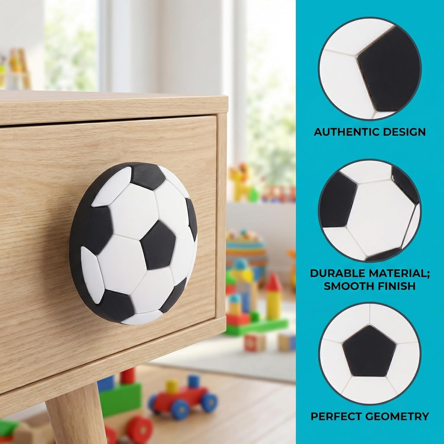 Beavorty Soccer Drawer Knobs 4-Pack Football Decor Drawer Knobs Soft Rubber Anti-Collision Cabinet Handles Sport Themed Ball Knobs Nursery Hardware Drawer Pulls Handles for Cabinet Party Decor