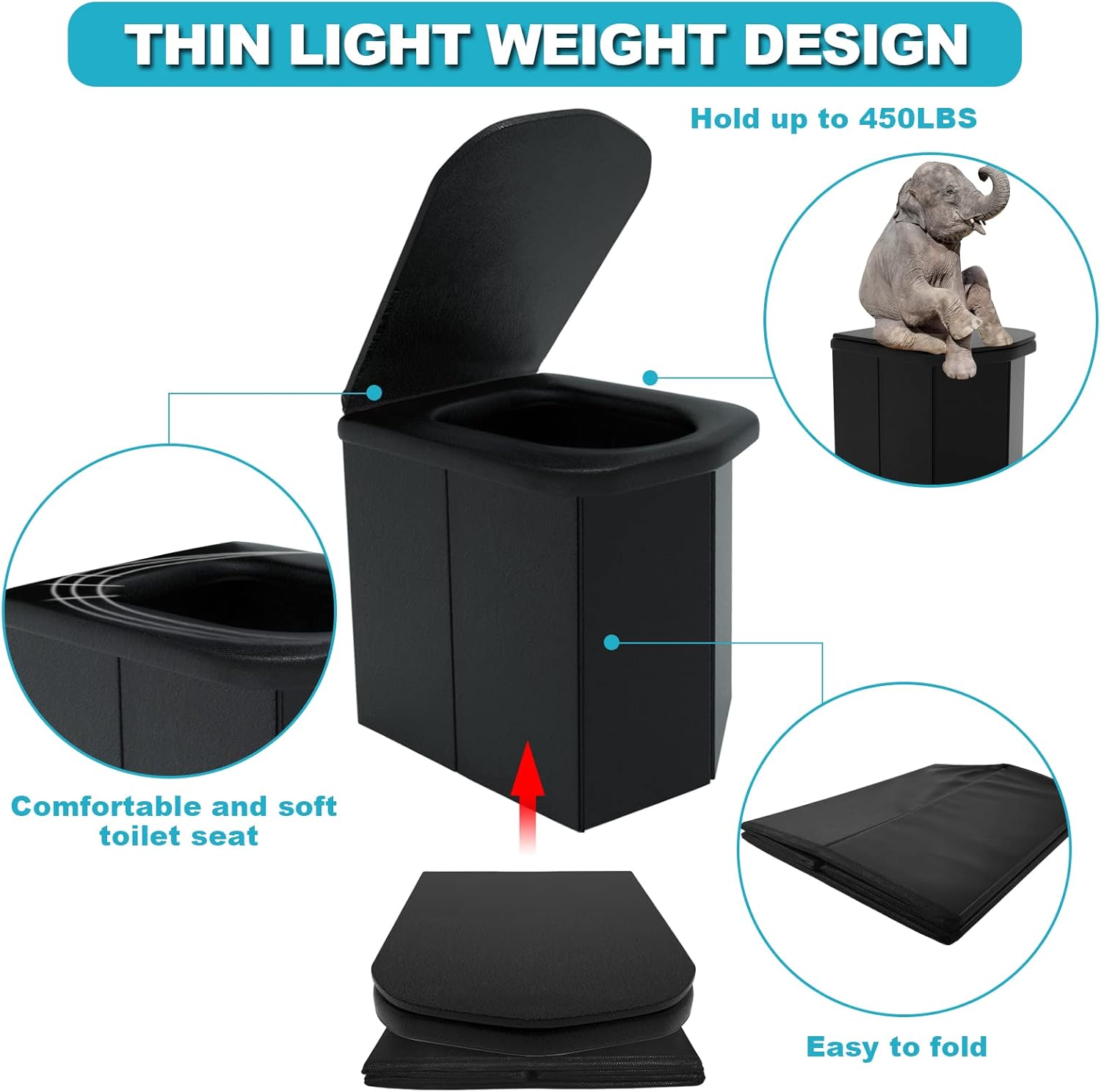 Euphrosy Portable Toilet XXL,Camping Toilet with a Free Handbag & 12 Toilet Garbage Bags, Compact Camping Toilet Applicable to Camping/Boat/Road Trips/Beach (D Type,plastic,black) : Sports & Outdoors