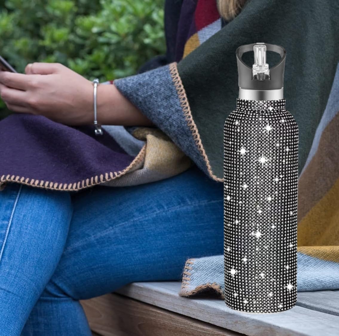 Bling Water Bottle Rhinestone, Diamond Water Bottle with Lid, Rhinestone Water Bottles for Women,Bling Tumblers 600ml（20oz,Black