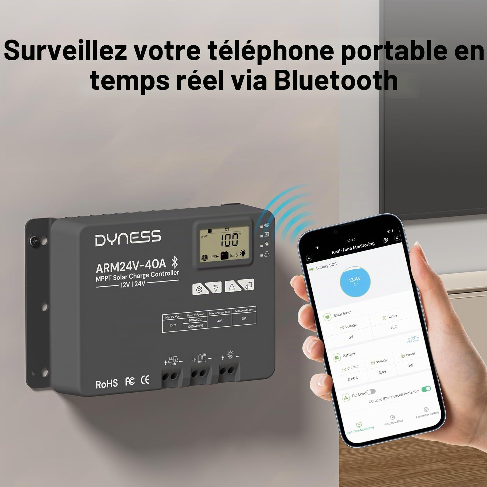 Dyness Régulateur de Charge Solaire MPPT 40A 12V 24V Automatique, Bluetooth, 100V (Entrée PV max.), Écran LCD, pour Systèmes Solaires & Batteries SLA, GEL, FLD, AGM, Li