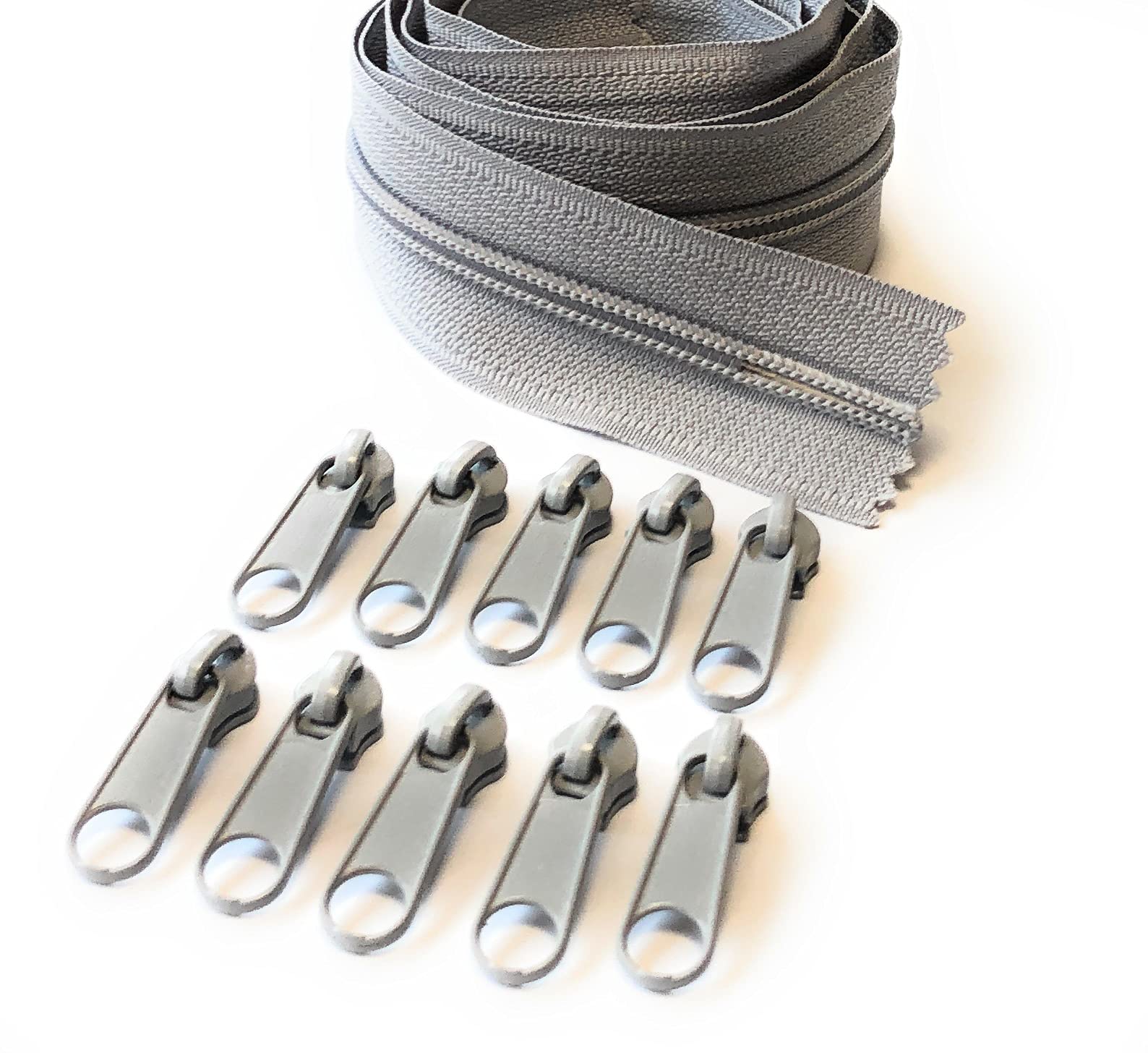 Ads Zipper Grey (Smoke - 1001) Continuous Nylon No.5 Zip With Sliders #5 Chain Zipper On Roll With 10 Pullers (, 196.8" - 5 Metre)