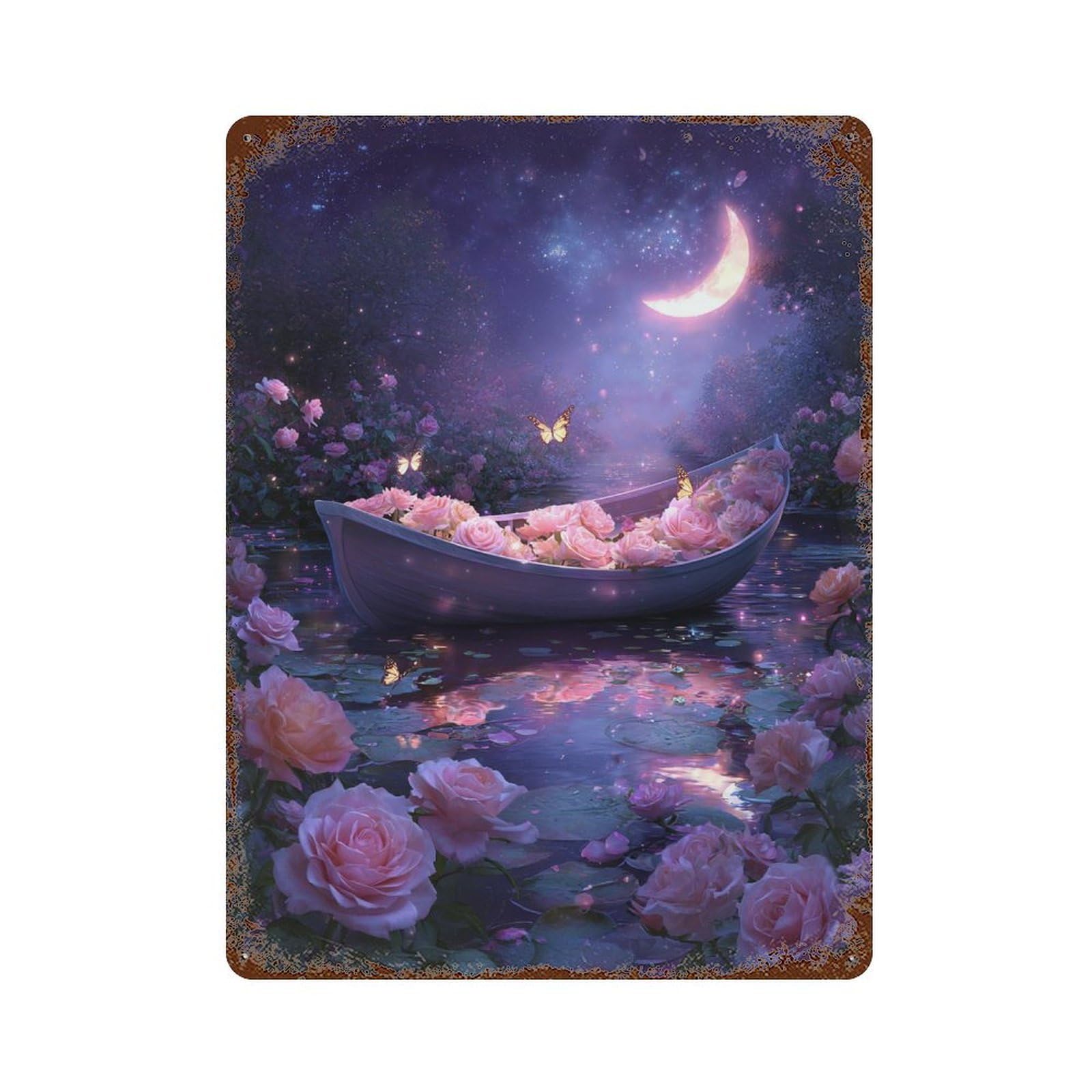 Moonlit Rose Boat Scene 15.7"x11.8" Distressed Metal Wall Sign, Retro Wall Decor for Garage, Bar And Workshop Decor