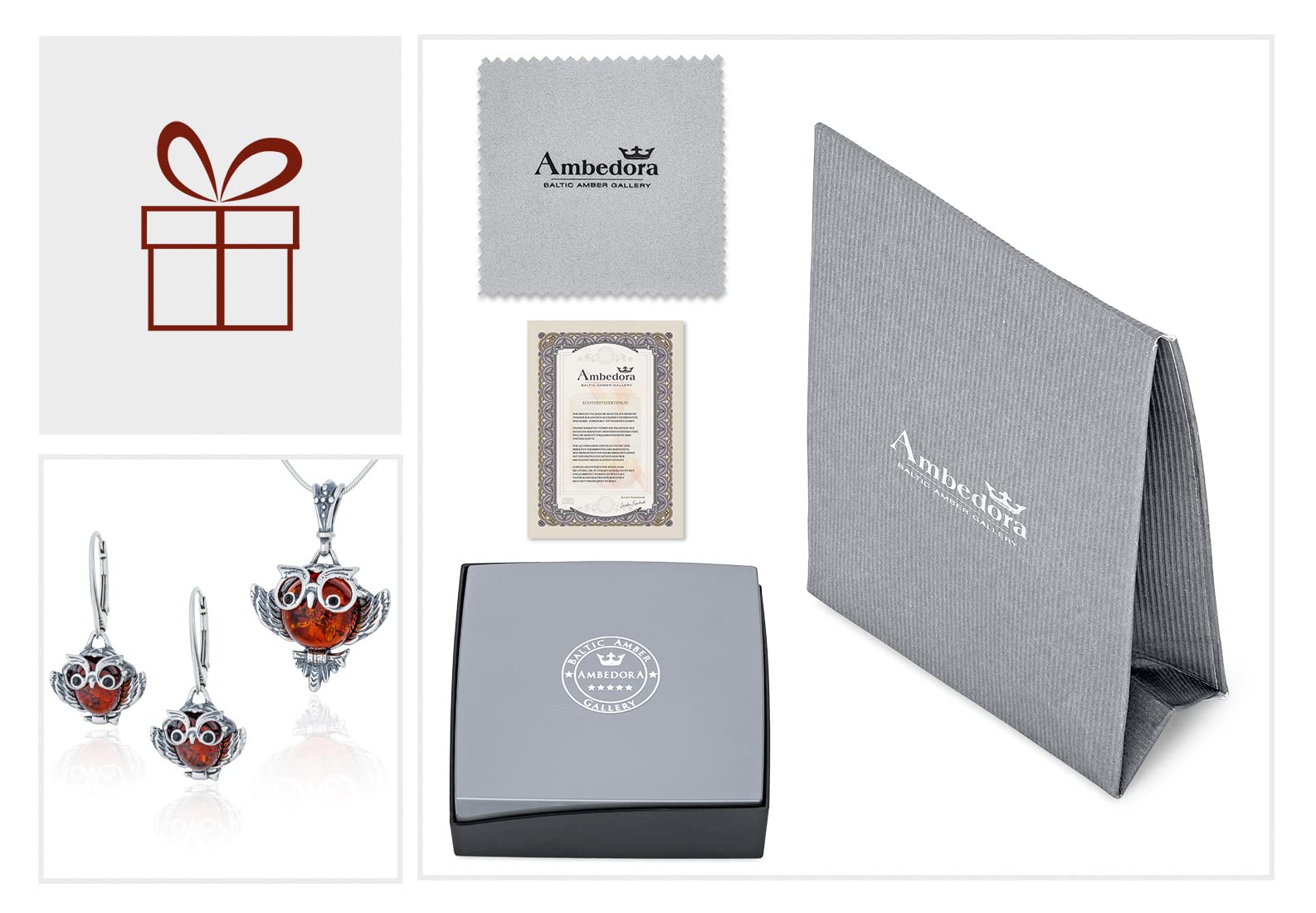 Damen Schmuckset Weise Eule, Oxidiertes Sterling Silber, Baltischer Bernstein in Cognac Farbe, Silber Anhänger mit Kette und Ohrringe