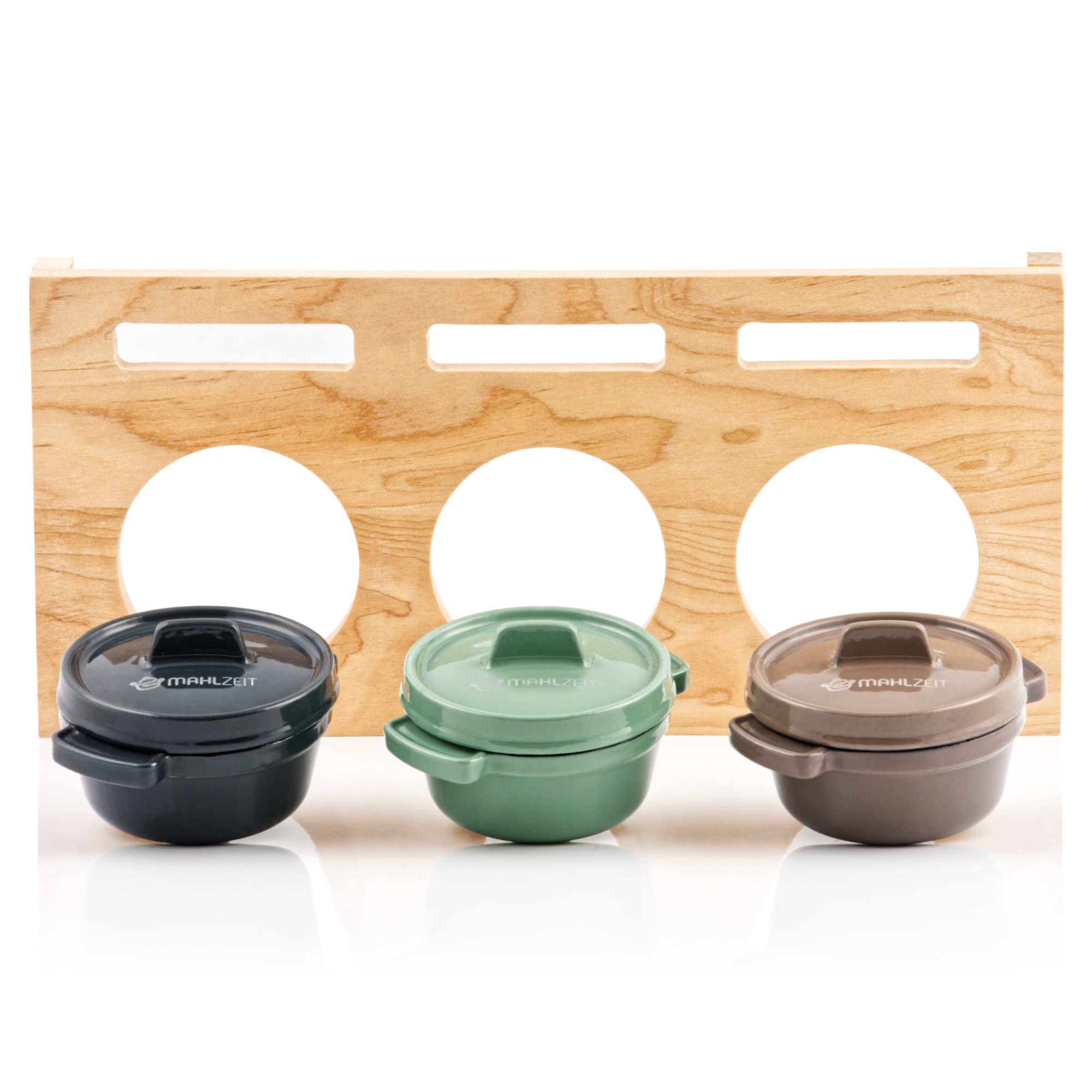 Mahlzeit Juego de Mini Cocottes con Soporte de Madera | 3 x 250 ml | Juego de 3 Ollas Esmaltadas de Hierro Fundido | Olla Pequeña para Cocinar