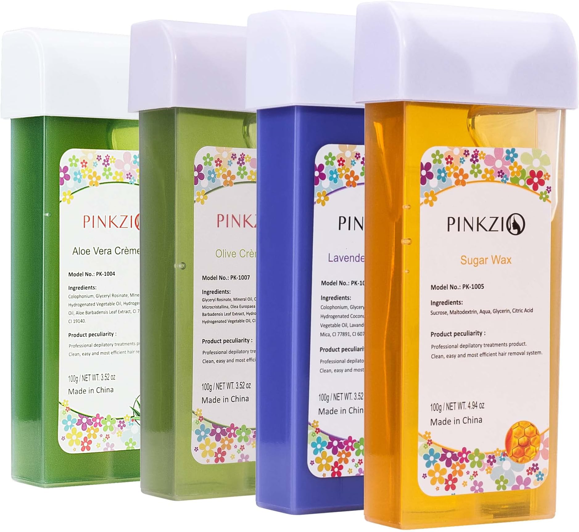 Depilatory Wax Roller Hair Removal - 4 Packs PINKZIO Hair Removal Wax Cartridge, Roll On Wax Refill, 3.52 Ounce(Aloe/Olive/Sugar/Lavender)