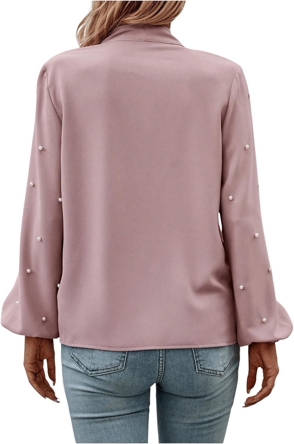 SweatyRocks Women's Pearls Bow Tie Mock Neck Long Sleeve Shirts Casual Loose Fit Blouse Top - Image 2