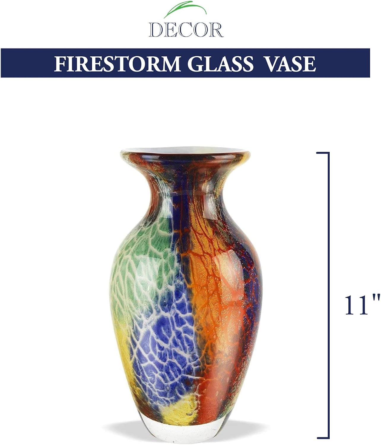 Badash Firestorm Murano-Style Glass Vase - 11" Tall Decorative Mouth-Blown Art Glass Vase - Stunning Oversized Home Decor Accent