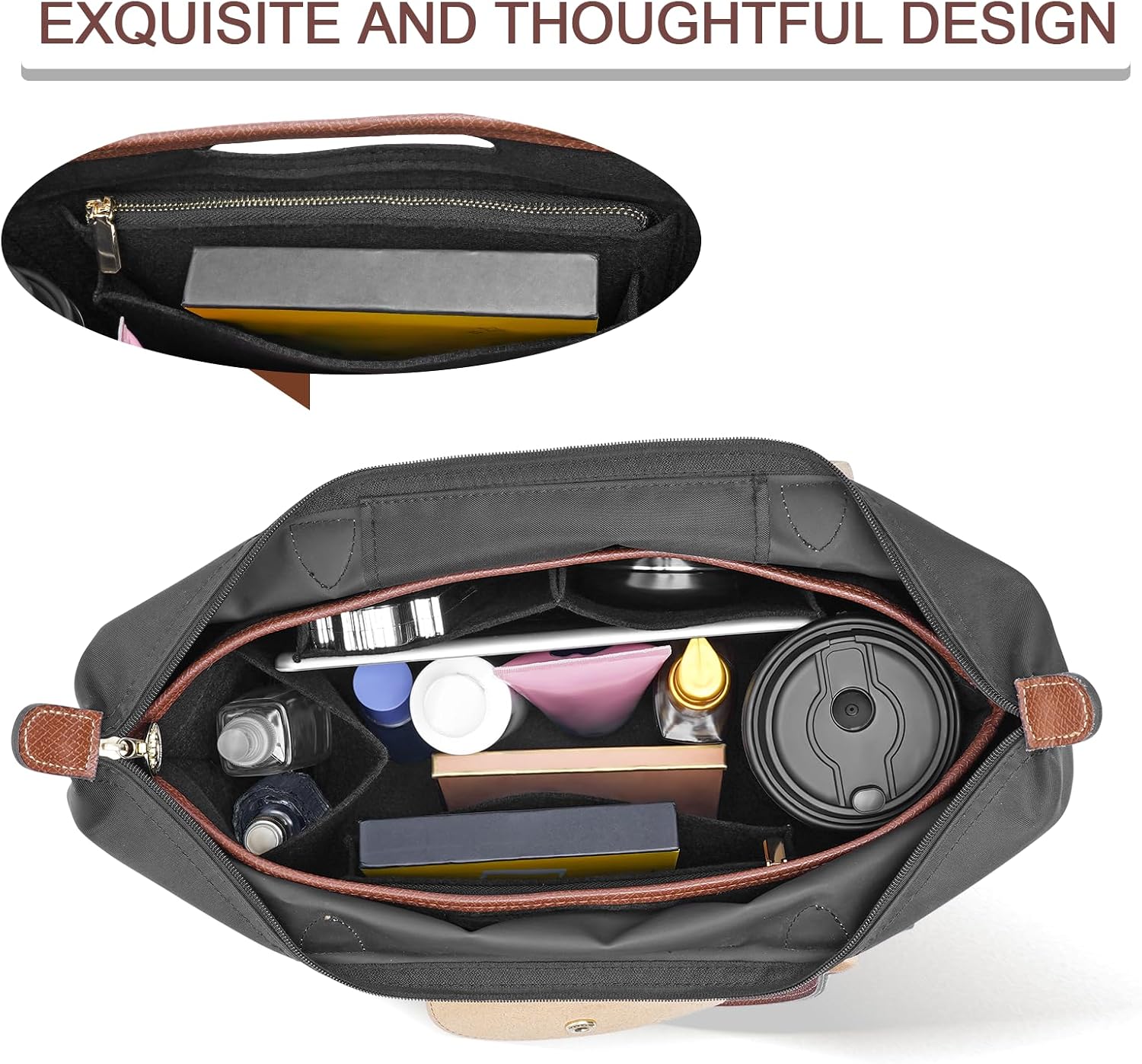 Felt Purse Organizer Insert for Longchamp Le Pliage S Bag Handbag Leather edge Longchamp Organizer Insert (Black, Small)