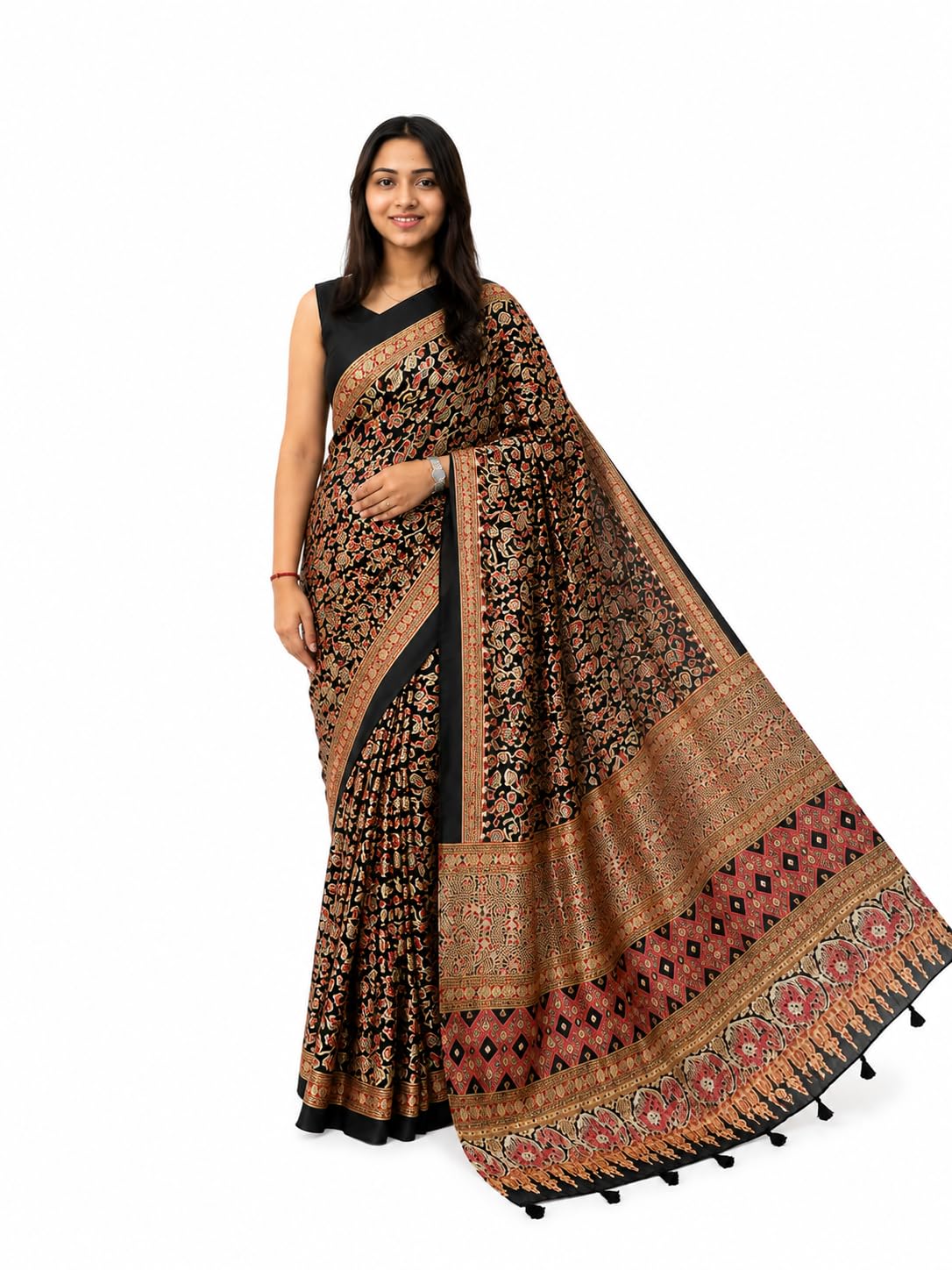 Women's Ajrakh Printed Modal Silk Natural Gajji Silk Soft Mirror Work Saree Hit Collection & Blouse (Unstitched)-image-44