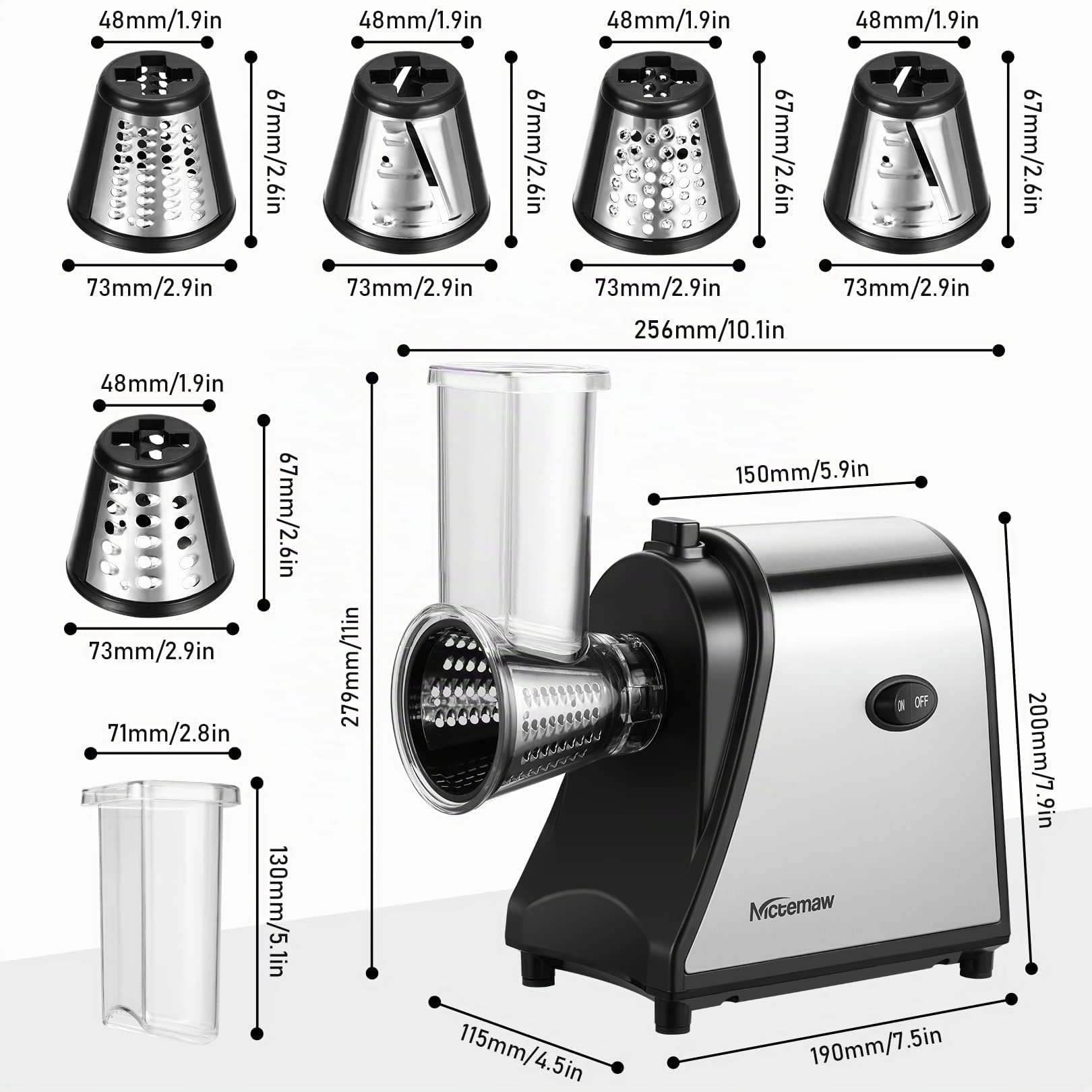 Nictemaw Tritacarne Elettrico 250W, Grattugia elettrica Multifunzione Affettaverdure con 5 tamburi di taglio, Acciaio Inox