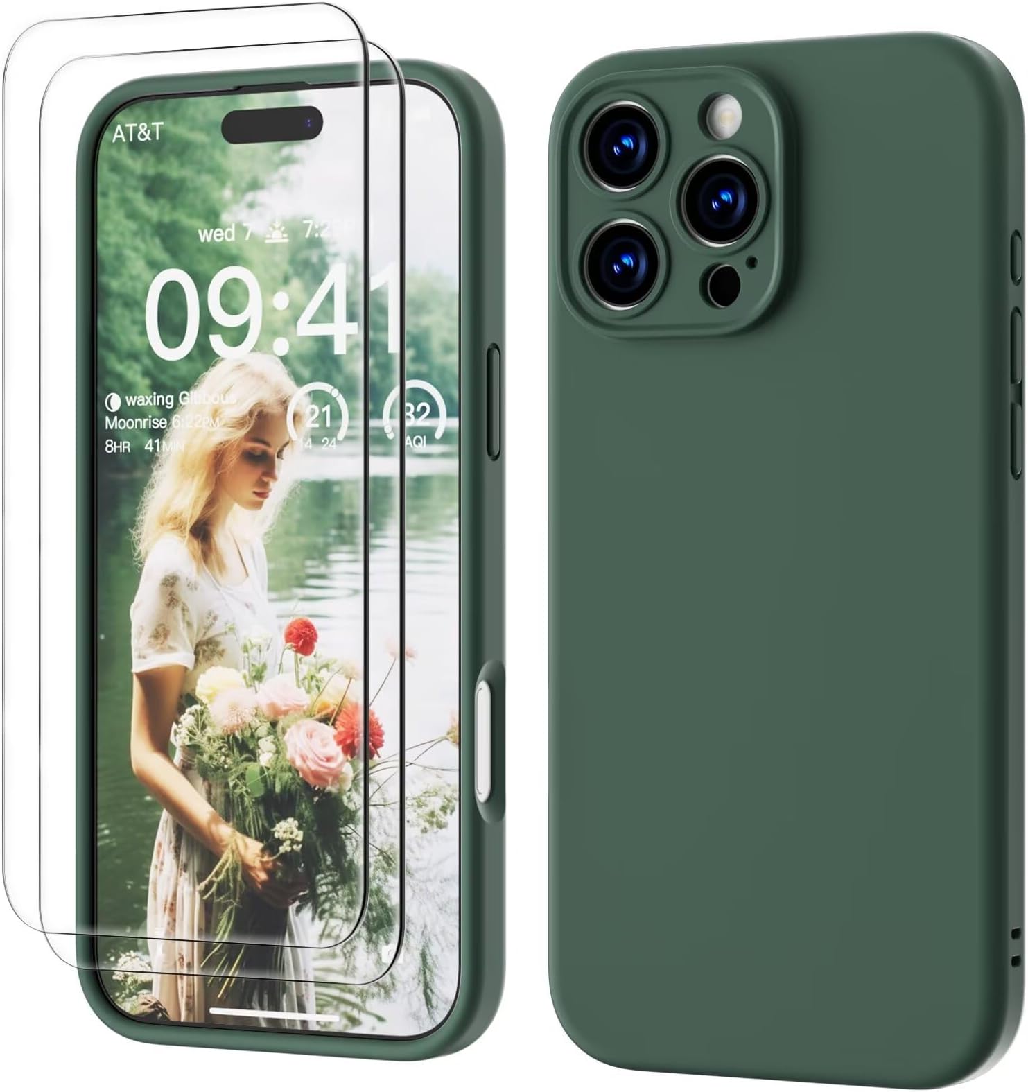 3 IN 1 for iPhone 16 Pro Case 6.3 inch, Upgraded Camera Protection, 2X HD Screen Protector, Liquid Silicone Anti-Scratch Shockproof Gel Rubber Anti-Fingerprint Phone Case Cover, Pine Green