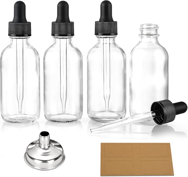 Frascos conta-gotas de vidro transparente AOZITA 30 mL com tampas pretas, funil e etiquetas — Pacote com 4