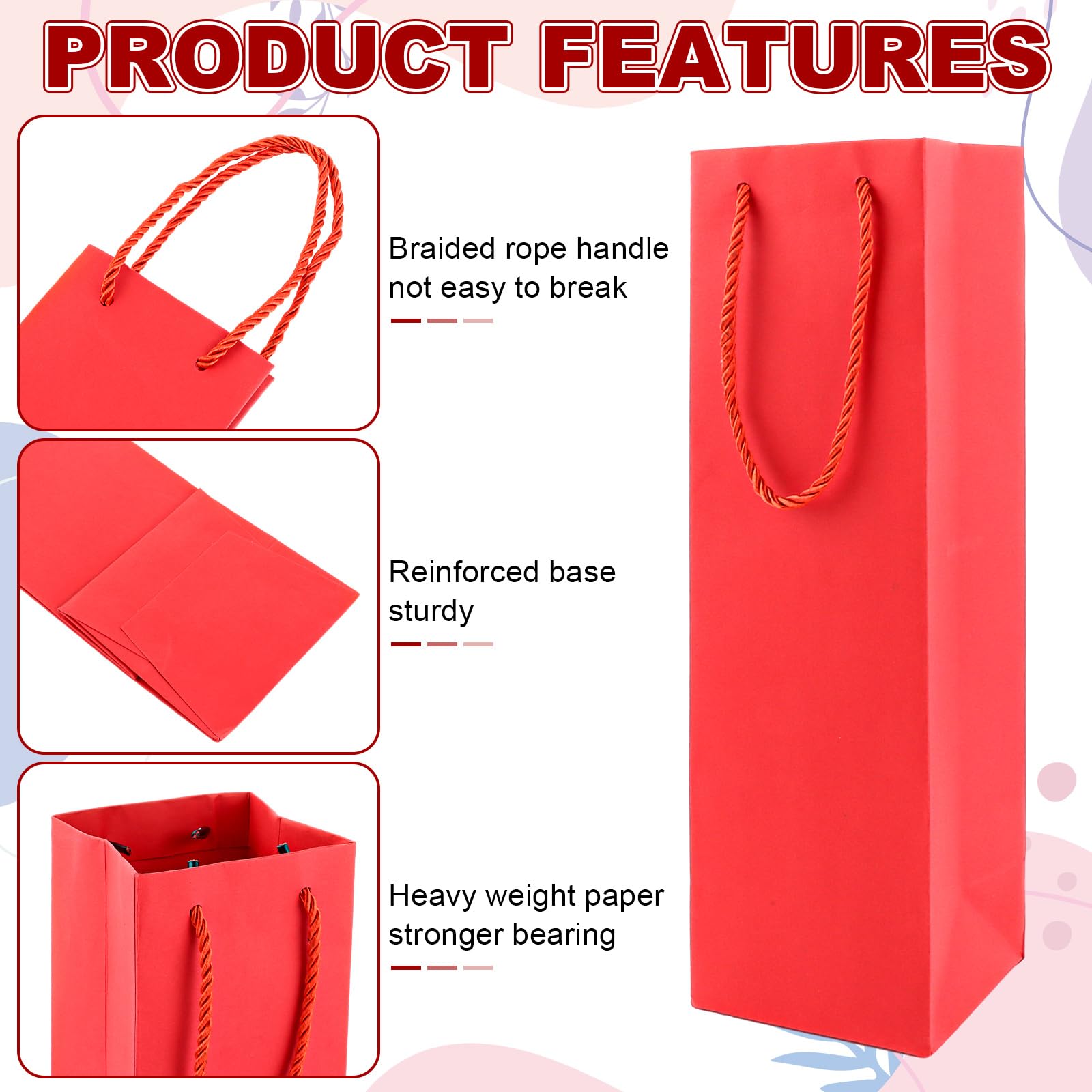 DAJAVE 30 Sacchetti regalo per vino in carta kraft, Shopper porta bottiglia vino Buste con manici, sacchetti per vino in carta kraft per Natale, matrimoni, feste (Rosso)