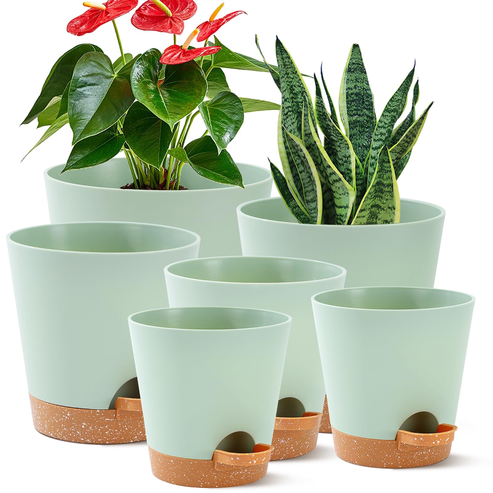 6 Pack Plant Pots Indoor 8/7/6.5/6/5.5/5 Inch Flower Pots Self Watering Planters for Indoor Plants with Drainage Hole Plastic Plant Pot for African Violet Cactus Flowers Succulents(Green)