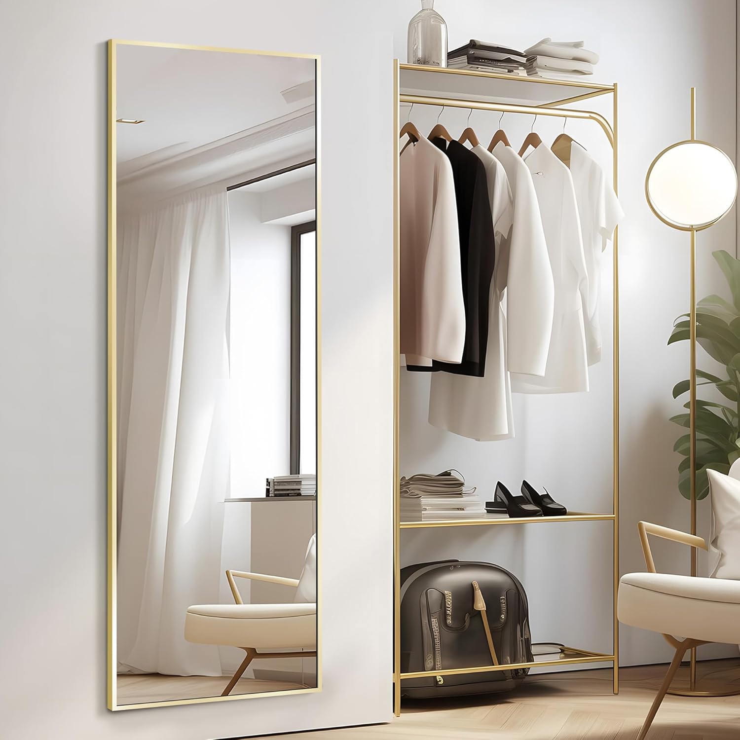 PUZONJIG 55x15'' Rectangle Full Length Mirror Wall Mounted, Long Gold Standing Floor Mirror, Full Body Tempered Glass Mirror with Aluminum Frame for Bedroom, Living Room, Bathroom, Entryway Decor