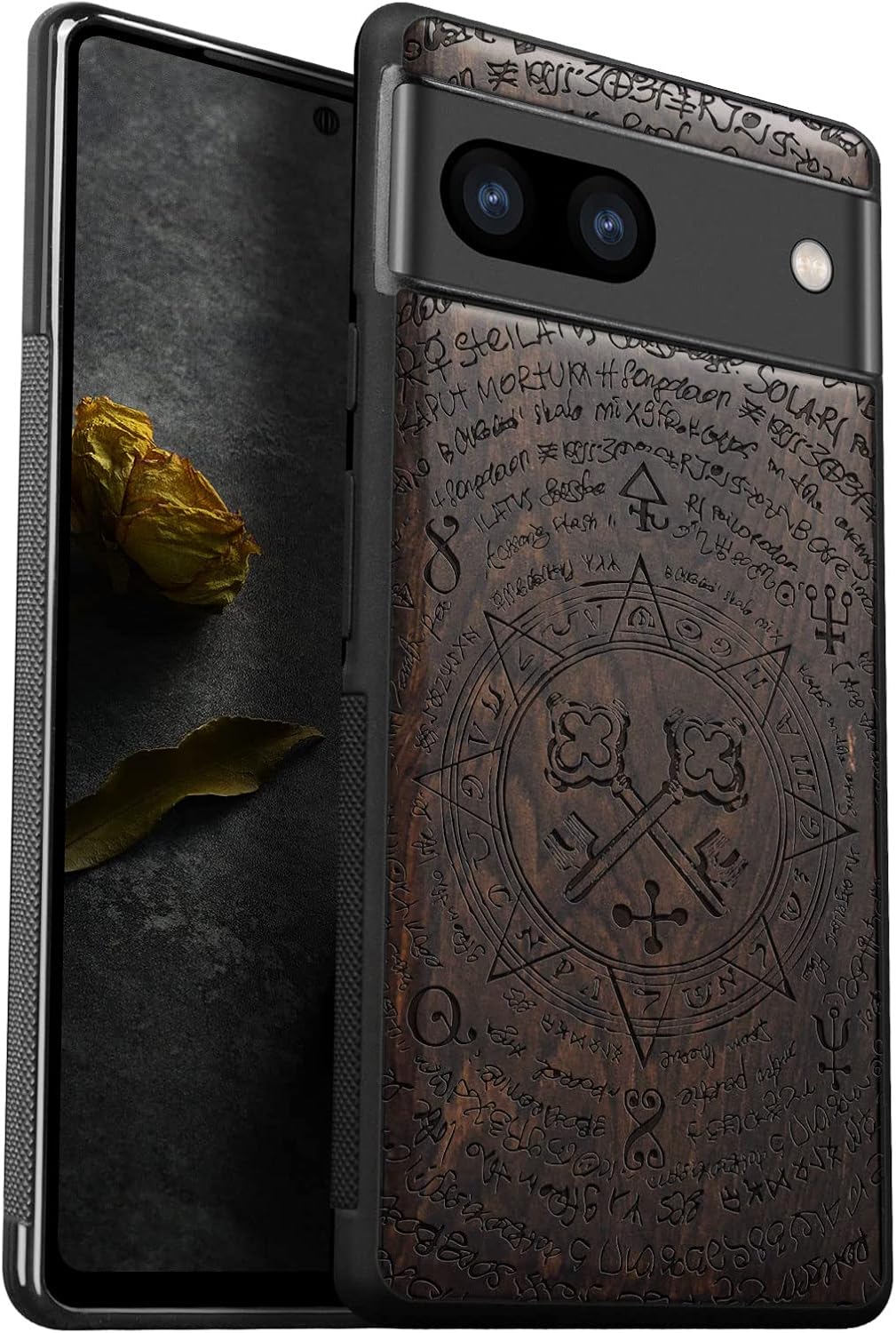Carveit Wood Case for Pixel 7a Case [Natural Wood & Black Soft TPU] Shockproof Protective Unique & Classy Wooden Phone Cover Compatible with Google Pixel 7a (owl and Skull-Walnut)