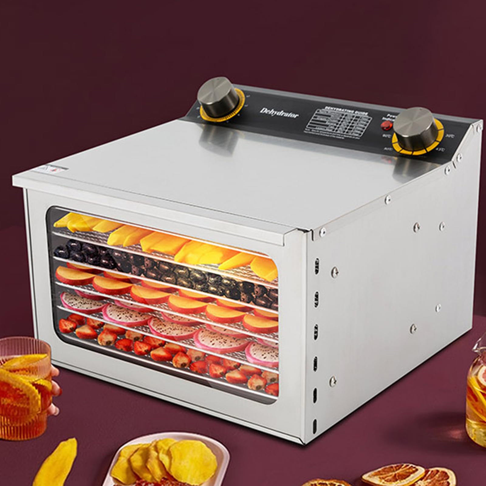 Suszarka ze stali nierdzewnej, z tackami o regulowanej wysokości, wyświetlacz LED, 400 W, 30-90°C, timer 12 h, do żywności, grzybów, owoców, mięsa, ryb, warzyw, bez BPA