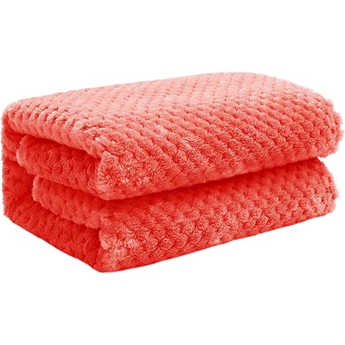 Exclusivo Mezcla Fleece Throw Blanket, Super Soft and Warm Blankets for Couch, Sofa and Bed Waffle Textured, Cozy, Fuzzy and Lightweight (Coral Orange, 40x50 inches)