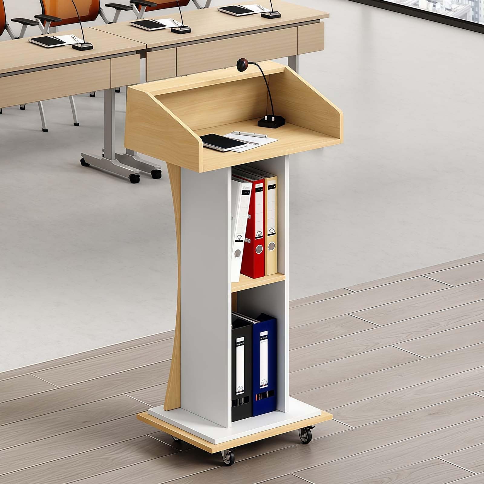Soporte de podio de madera elegante con ruedas de diseño 8