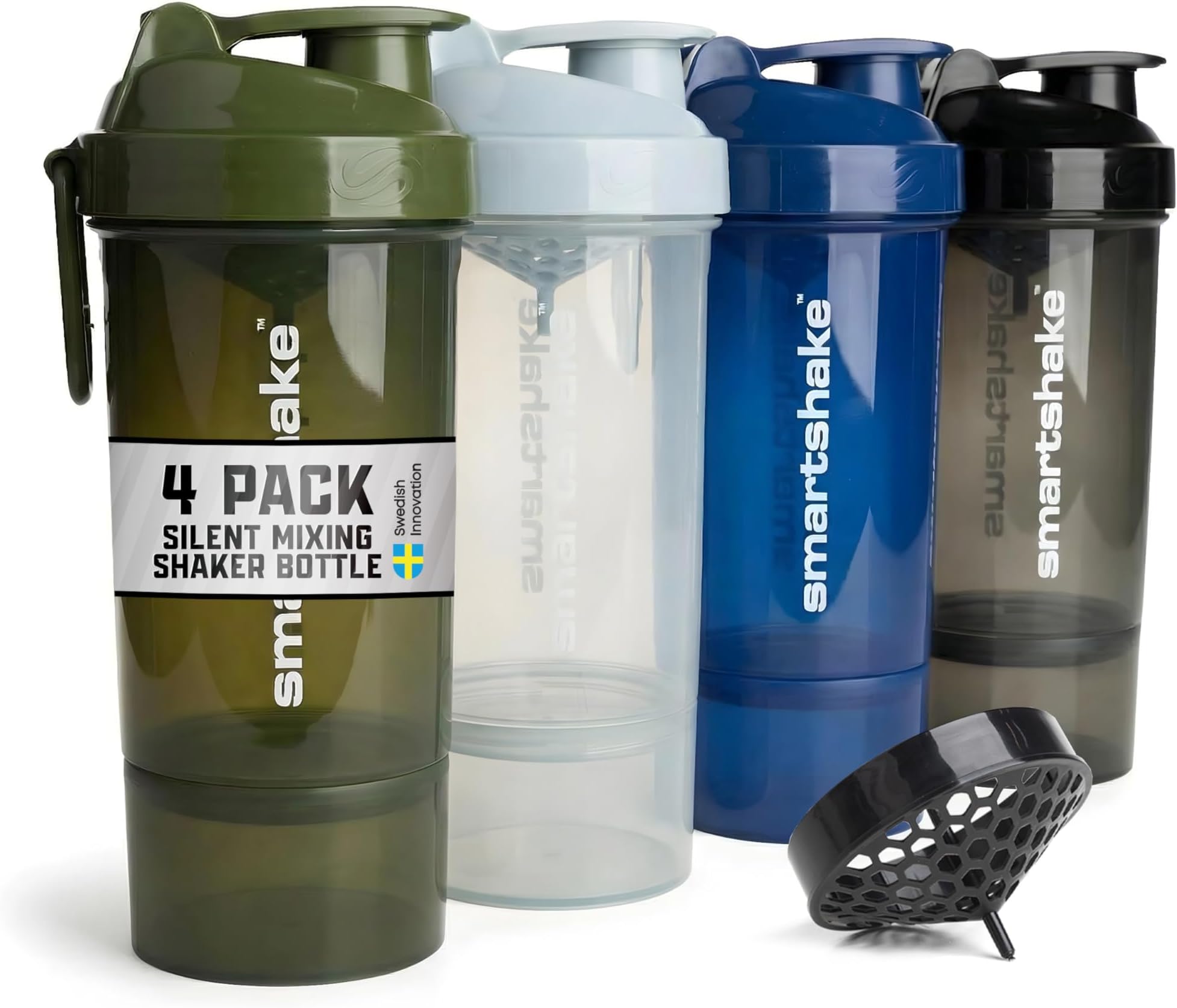 O2GO ONE 4-Pack Protein Shaker Bottle 600 ml | 20 oz - Storage Included - Leakproof Screw-on Lid - BPA Free – Unisex - Mist Gray, Army Green, Black, Navy Blue