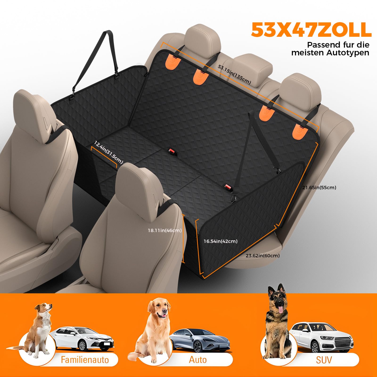 Hundedecke Auto Rückbank[135x60cm], Rückbankschutz Hund mit Harter Unterseit (300 Pfund Traglast), Wasserdicht, Kratzfest, Rücksitzschutz für SUV & Familienauto, Waschbar