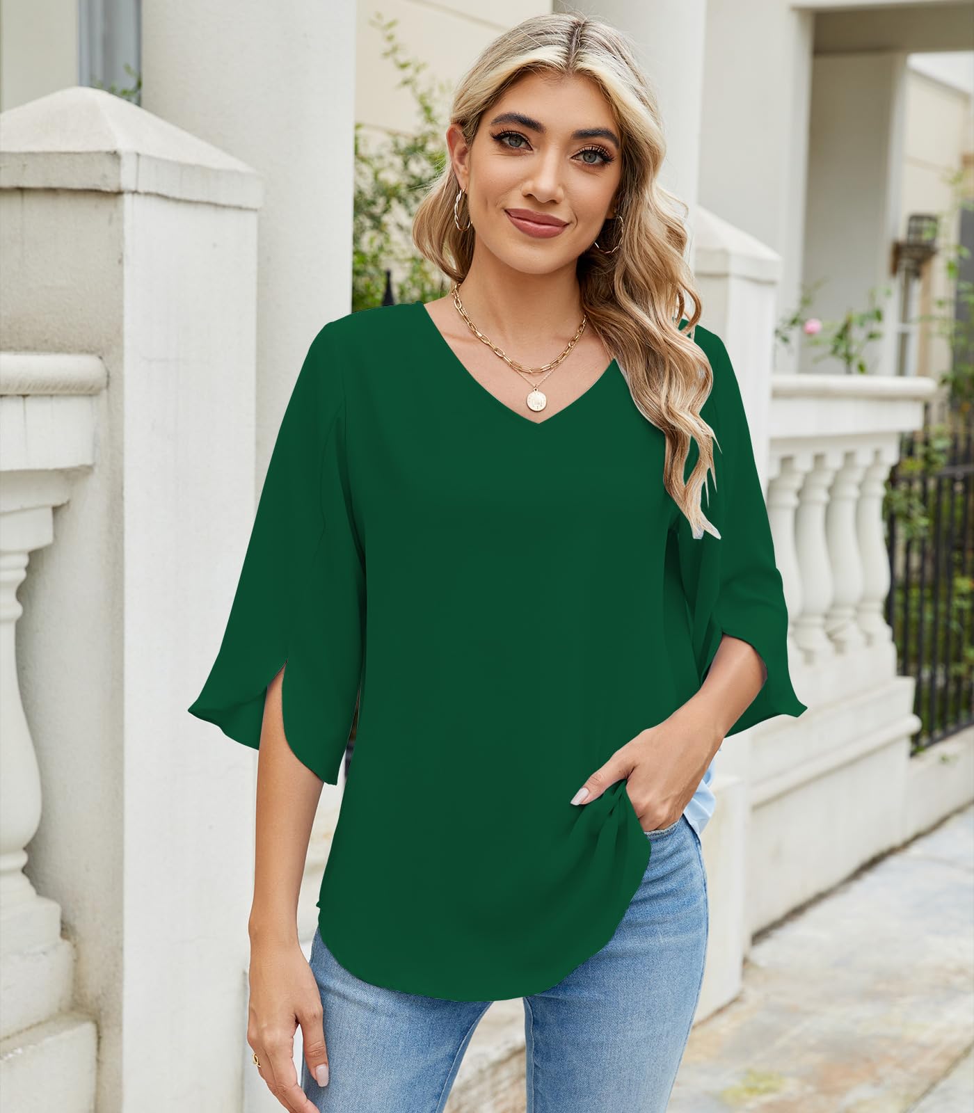 Zetieny Camicetta da Donna Top con Scollo a V Tunica Casual Camicia Bluse Donna a Manica a 3/4 T-Shirt a Tinta Unita