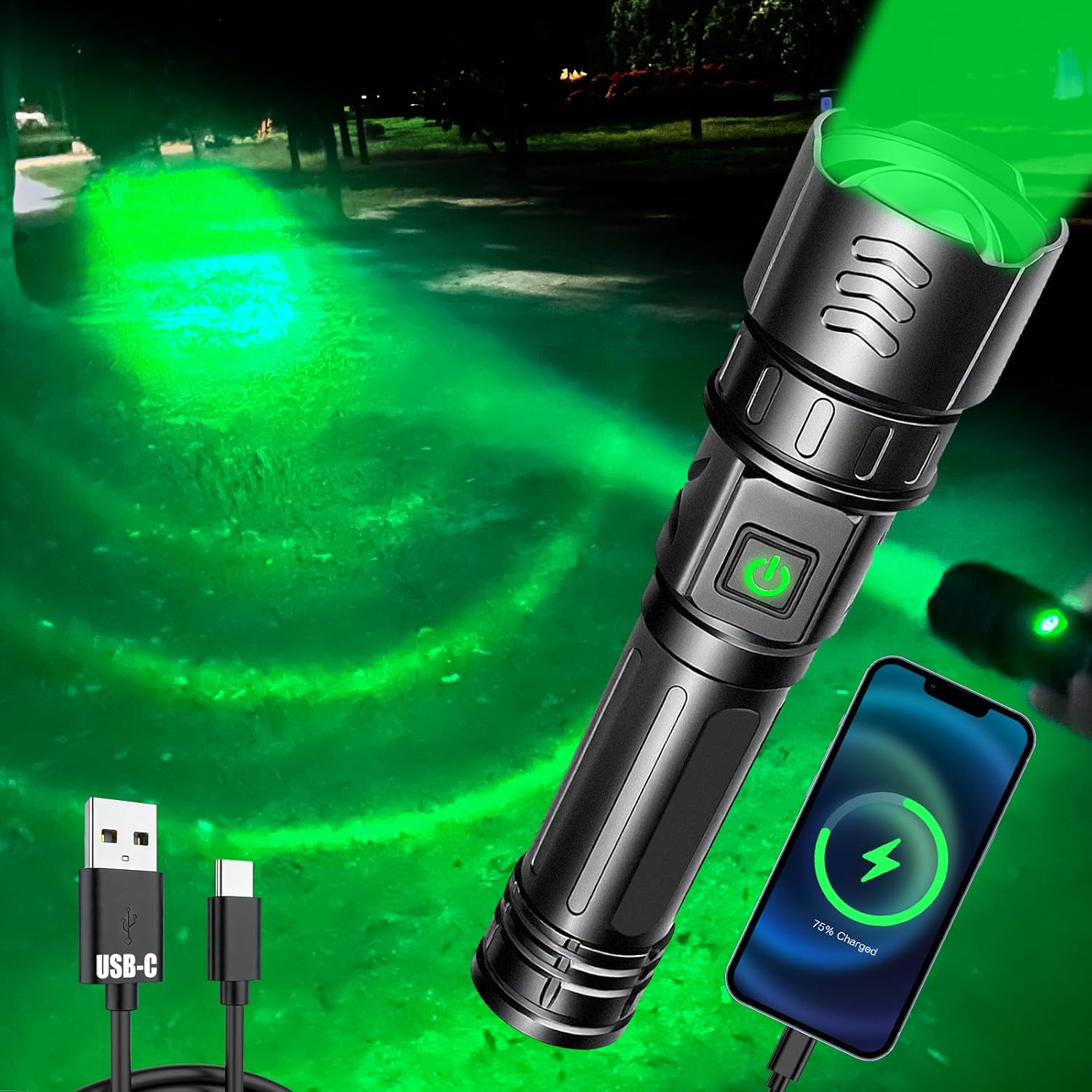 VASTFIRE USB-C Rechargeable Green Flashlight Zoomable 1000 Yard Pressure Switch Scope Rail Mount Hogs Predators Night Hunting