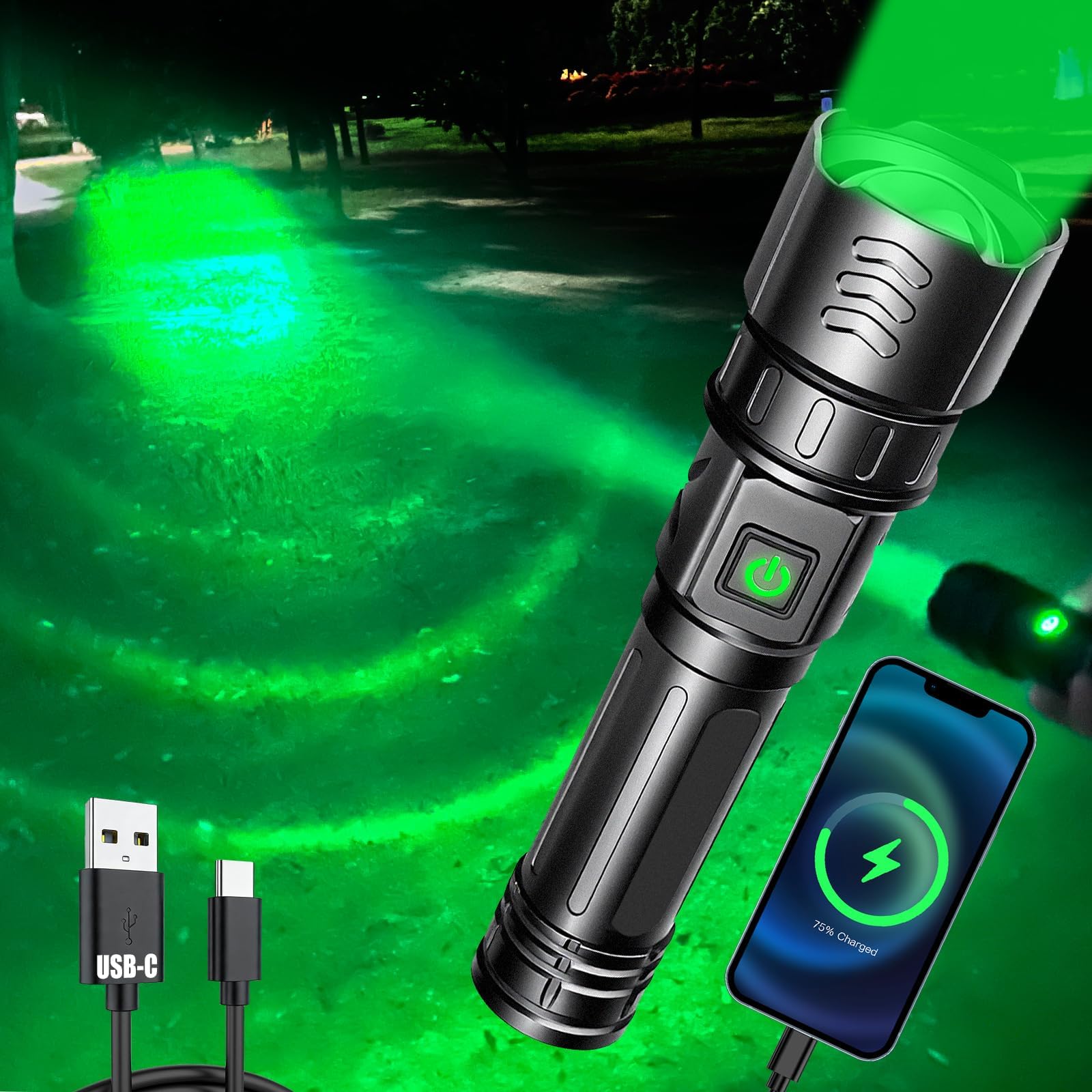 USB-C Rechargeable Green Flashlight Zoomable 1000 Yard Pressure Switch Scope Rail Mount Hogs Predators Night Hunting (30)