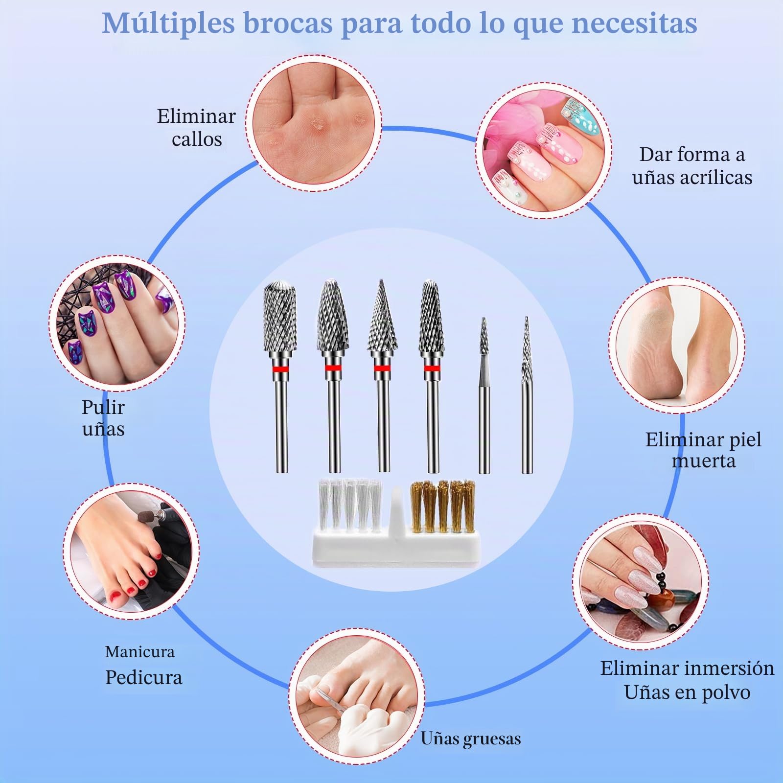 6 Piezas Fresas Torno para Uñas, Brocas de Carburo de Tungsteno, 1 Cepillo, 3/32 Pulgadas Brocas para Torno de Uñas para Eliminación de Gel Acrílico Cutícula (StilC)
