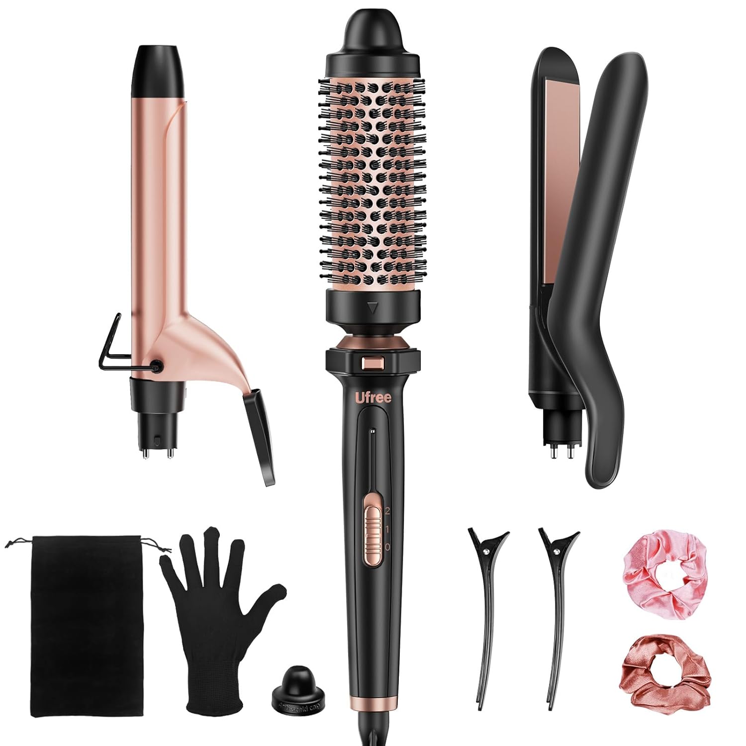 Ufree 3 in 1 Curling Iron Curling Wand Set with Thermal Brush Flat Iron Hair Straightener Dual Voltage