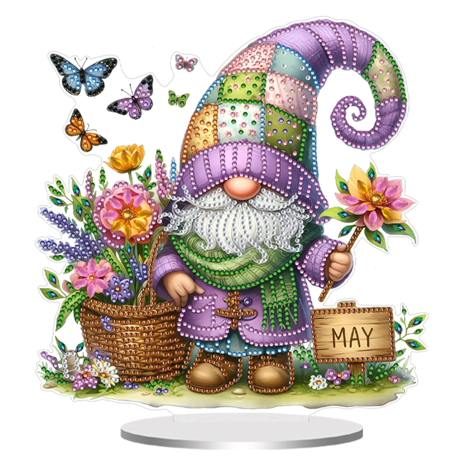 Diamond Art Acrylic Gnome Tabletop Ornament Kit for Adults – 5D Special Shape DIY Desktop Decor Stand, Monthly Holiday Craft Gift(May Gnome)