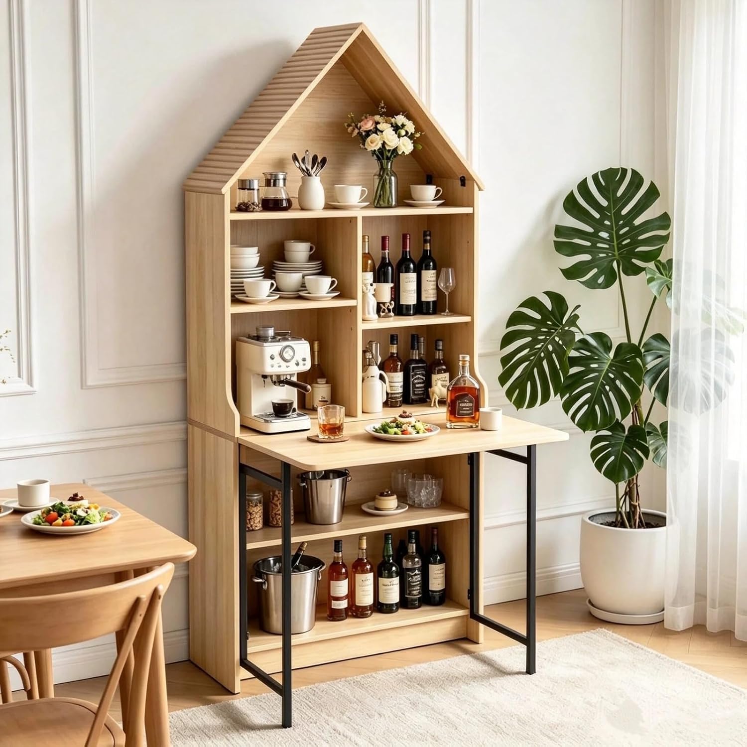 Foldable Desk with 73.22" Tall House-Shaped Bookcase, Natural Wood