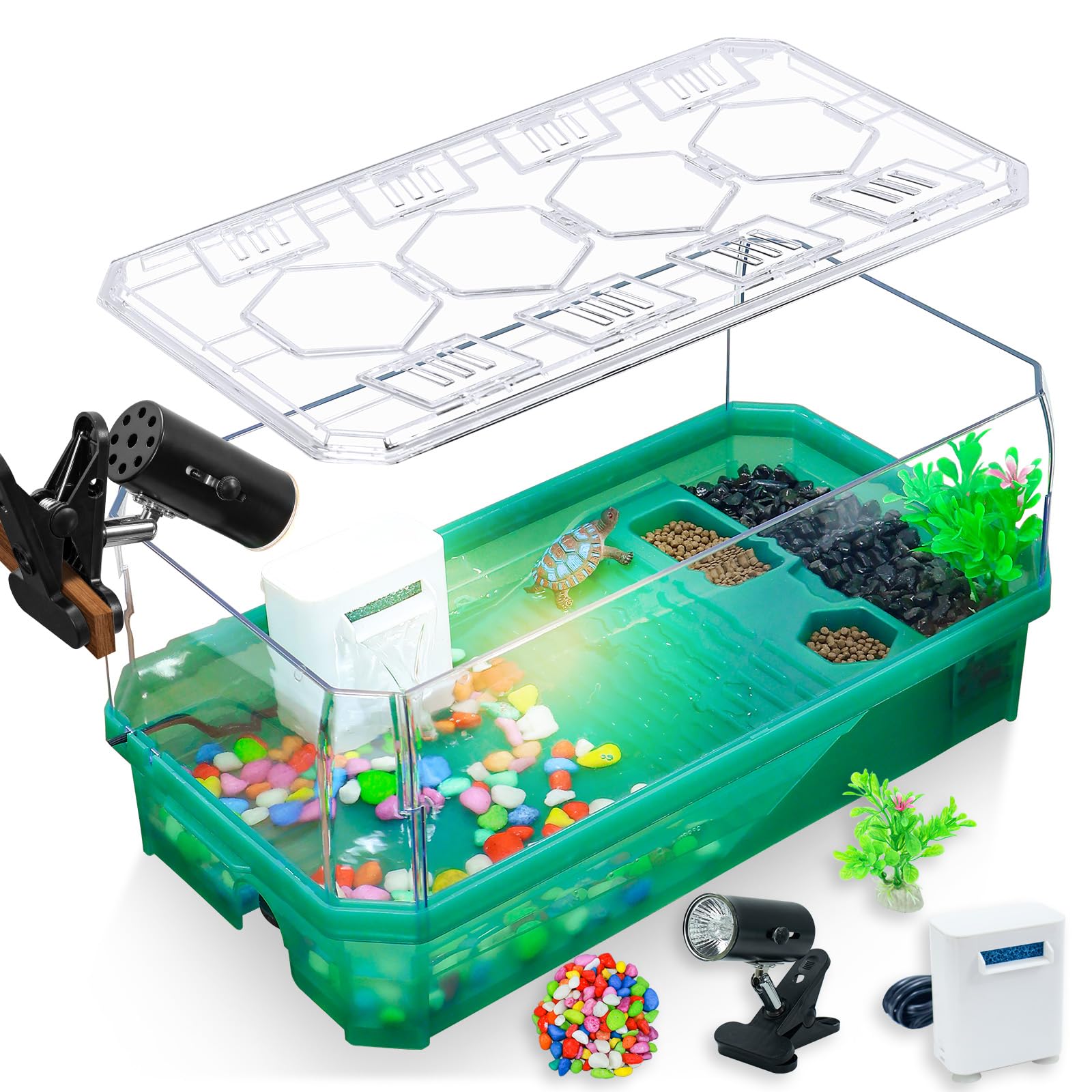 Aquatic Turtle Tank Habitat Kit Stone+Filter+Heat Lamp Enhancing Interaction with 360° Viewing, Standalone Filtration, DIY Creative Zone, Enriched Living (Green, Medium[with Light])