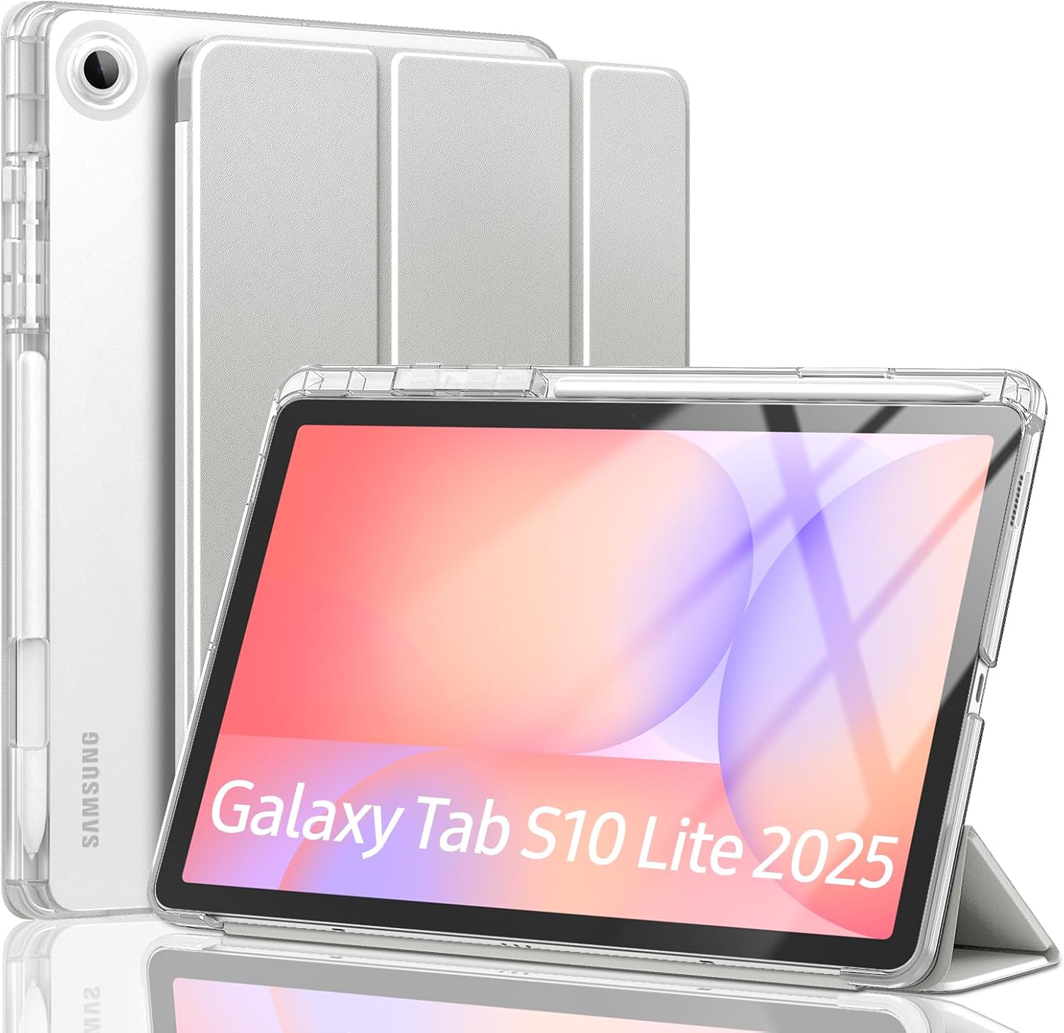 MoKo Case for Samsung Galaxy Tab S10 Lite 10.9 Inch 2025 [SM-X400/SM-X406B] with S Pen Holder, Slim Light Trifold Protective Cover with Hard PC Translucent Back Shell, Auto Wake/Sleep, Silver
