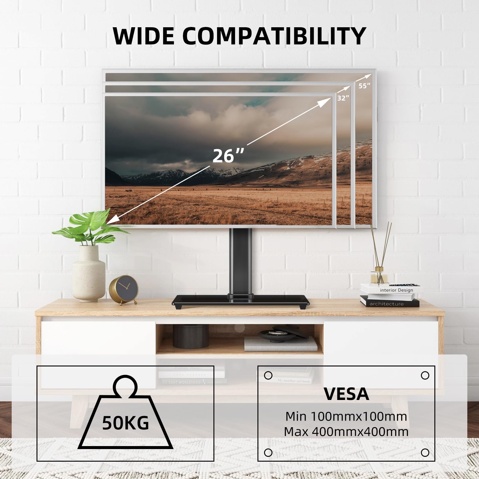suptek Support TV sur Pied Pivotant sans Perçage Hauteur Réglable à Poser sur Meuble TV Table écrans 26 à 55 Pouces Charge 45 kg VESA 400x400 mm Locataires Petits Espaces TS202