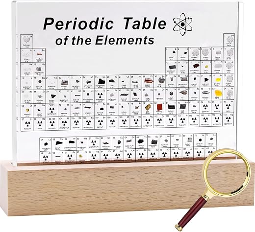 SETHVILL Periodic Table with 83 Real Elements Inside, Acrylic Periodic Table of Chemical Elements with Wooden Stand and Ma...