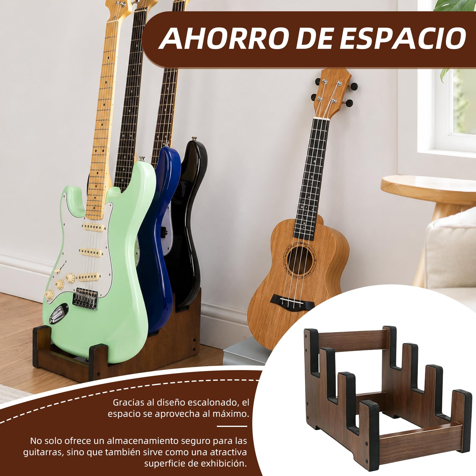 Soporte de guitarra de madera para 3 guitarras eléctricas y bajos | Madera maciza, niveles escalonados, acolchado, antideslizante, ahorra espacio, montaje fácil