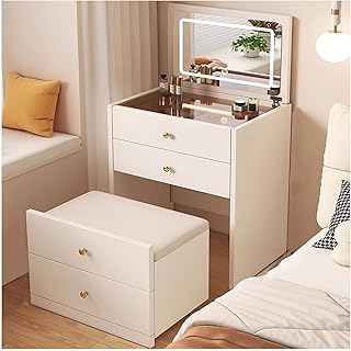 ZTGL Escritorio de Tocador con Espejo Abatible y Cajones, Mesa de Tocador con Taburete Acolchado, Juego de Tocador de Dormitorio, Mesa de Maquillaje Multifuncional Moderno,Blanca,60cm