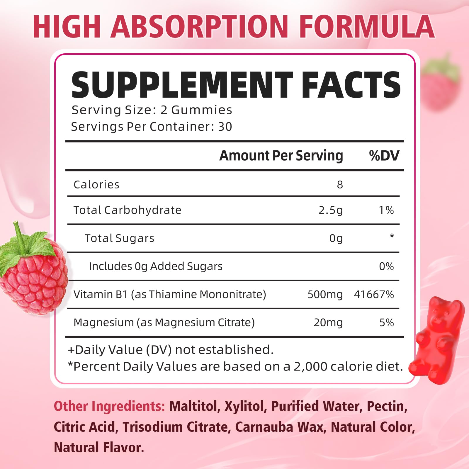 Pack of 2 Vitamin B1 Gummies 500mg for Adults & Kids, Thiamine B1 Supplement with Magnesium, Vitamin B1 Supplement for Nervous System Supports & Boost Energy, Raspberry Flavor, 120 Count — Amazon image 2