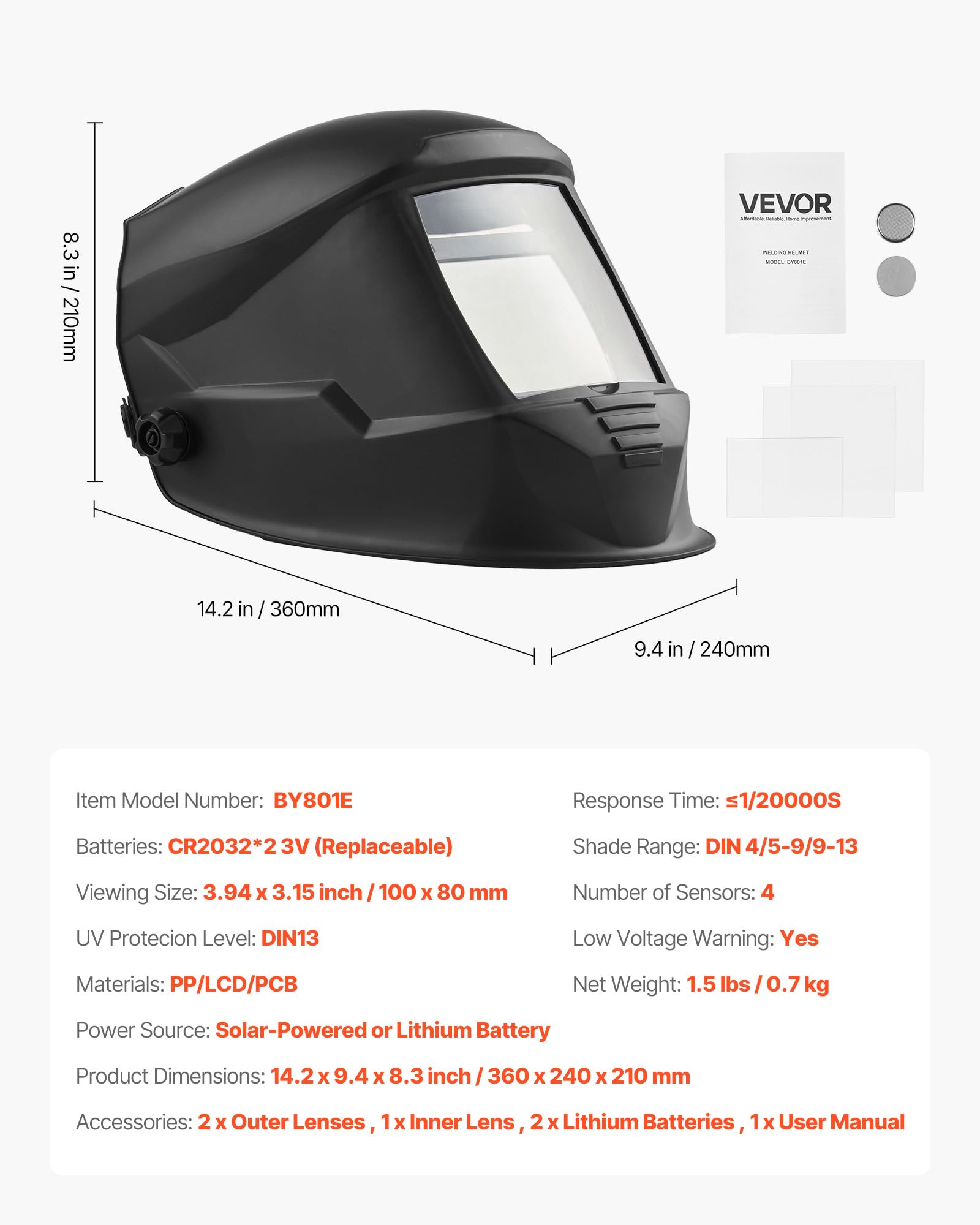 VEVOR Casco per Saldatura Auto-Oscurante, Cappuccio per Saldatura Energia Solare Colori Reali da 100 x 80 mm, 4 Sensori ad Arco, Tonalità 4/5-9/9-13 per Rettifica TIG MIG ARC, Serie METIS